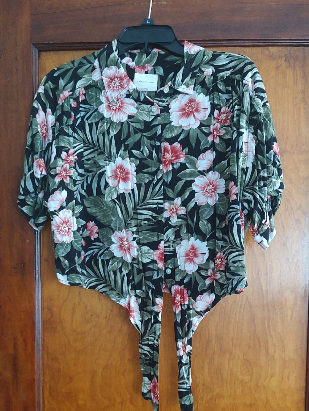 American Eagle Outfitters Black Floral Button-Front Tie Hem Shirt
